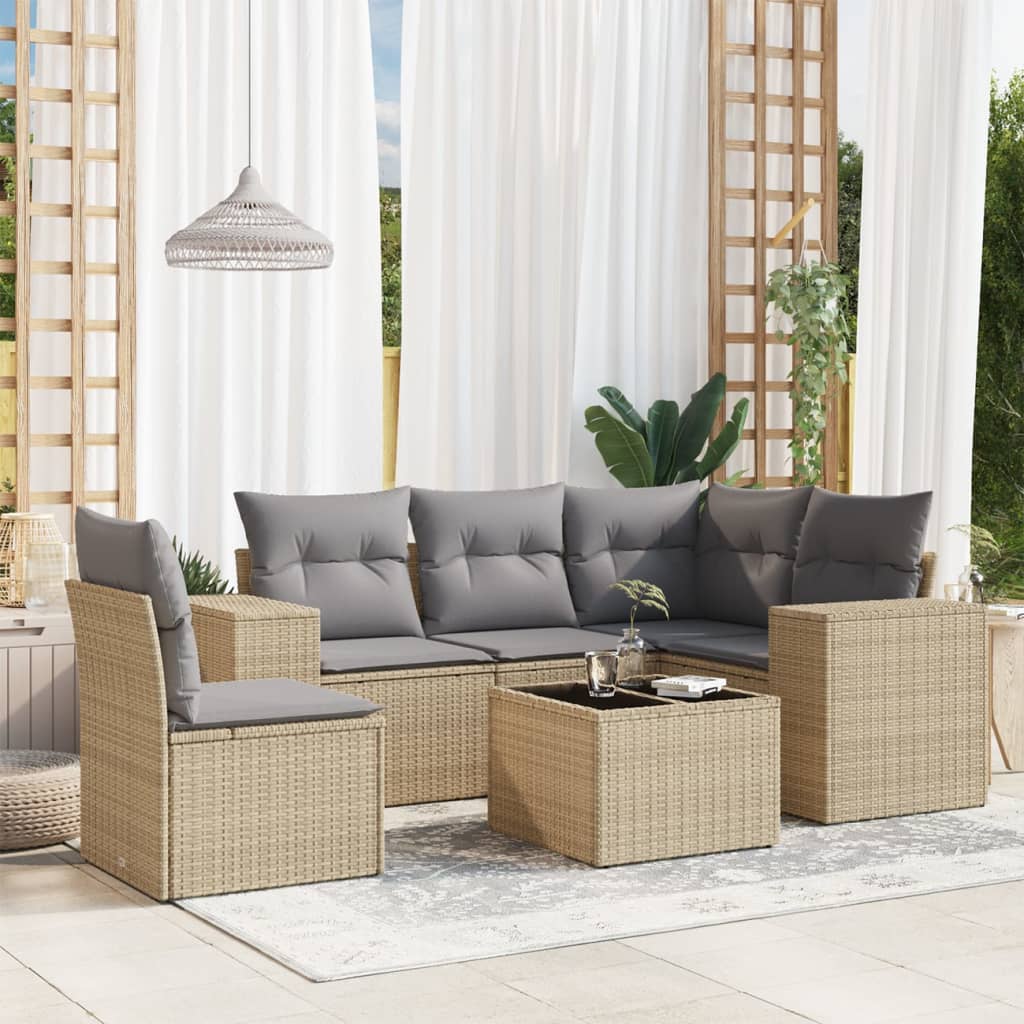 vidaXL 6-tlg. Garten-Sofagarnitur mit Kissen Beige Poly Rattan