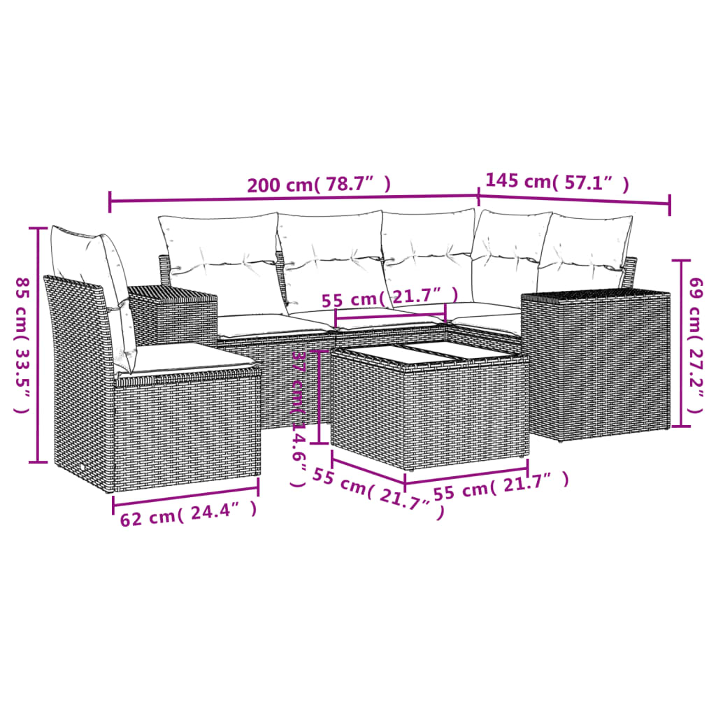 vidaXL 6-delige Loungeset met kussens poly rattan grijs