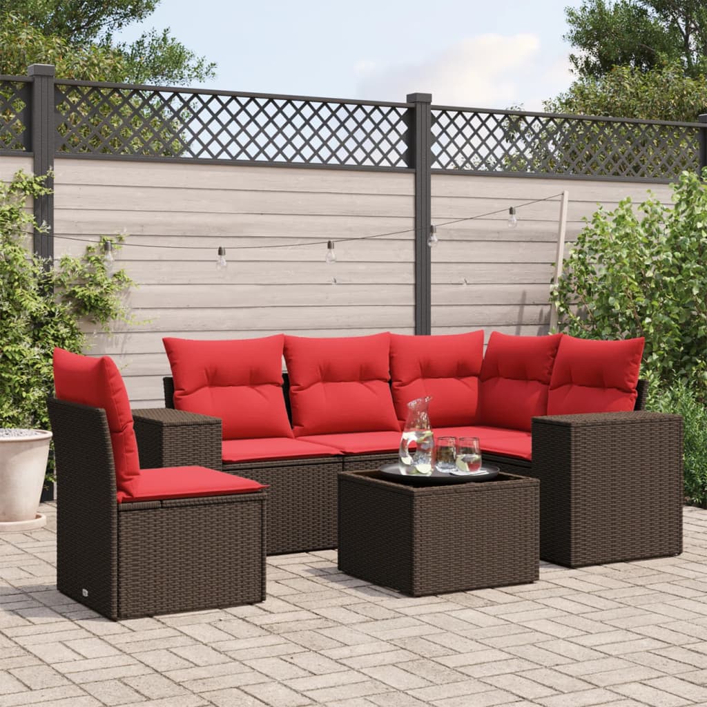 6 Piece Patio Sofa Set with Cushions Brown Poly Rattan