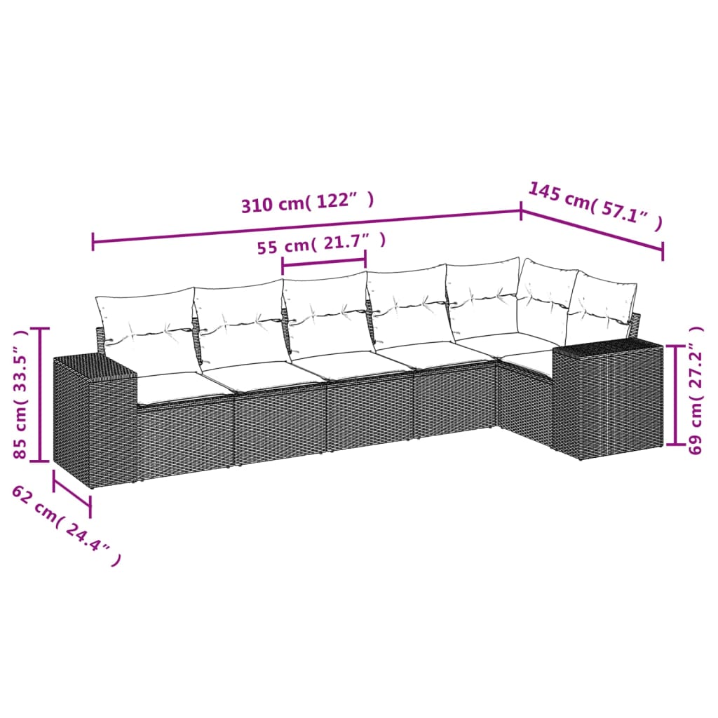 vidaXL 6-delige Loungeset met kussens poly rattan zwart afbeelding