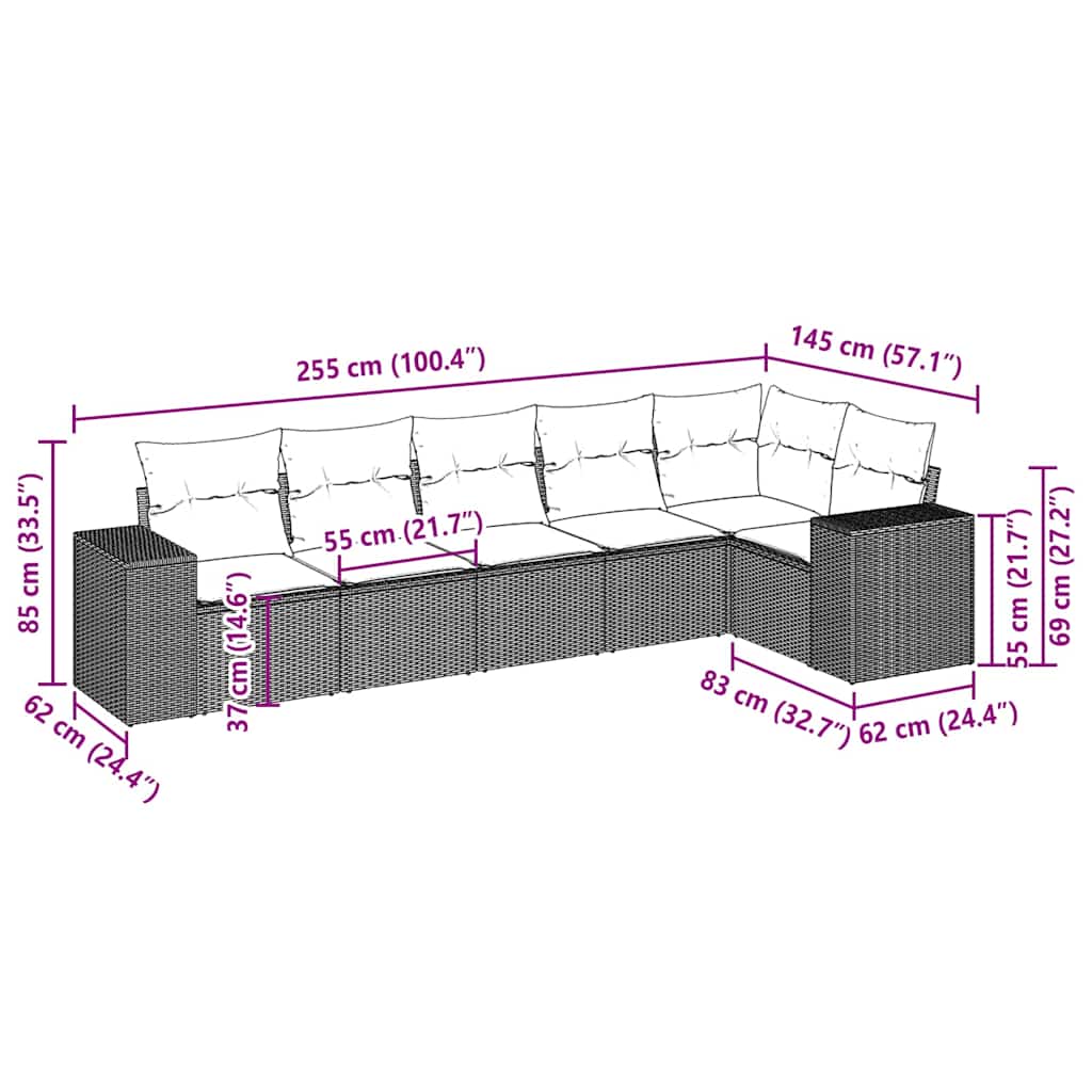 vidaXL 6-delige Loungeset met kussens poly rattan lichtgrijs afbeelding