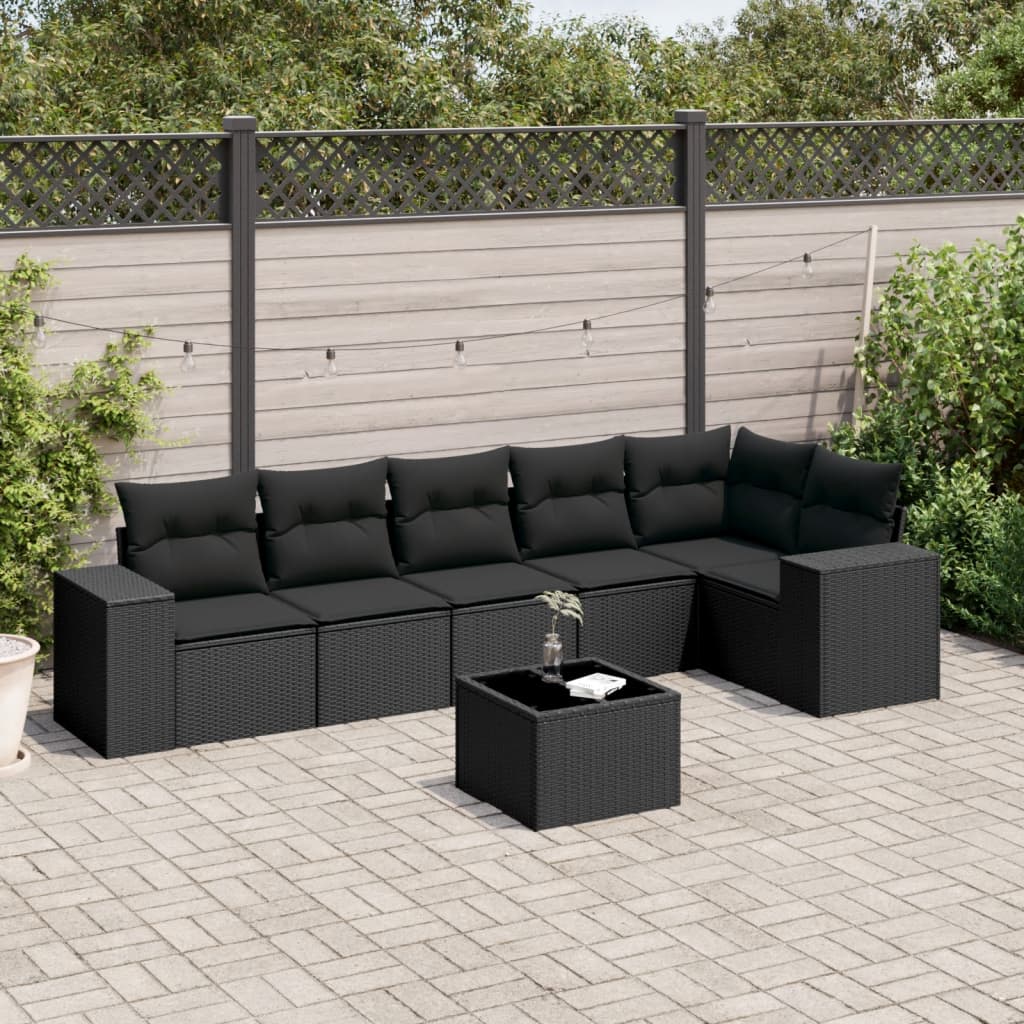 vidaXL 7-tlg. Garten-Sofagarnitur mit Kissen Schwarz Poly Rattan