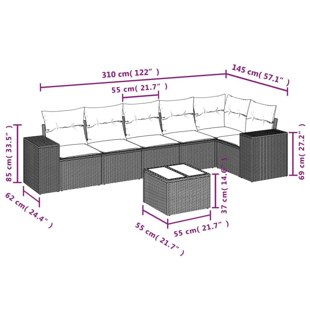 vidaXL 7-delige Loungeset met kussens poly rattan zwart afbeelding