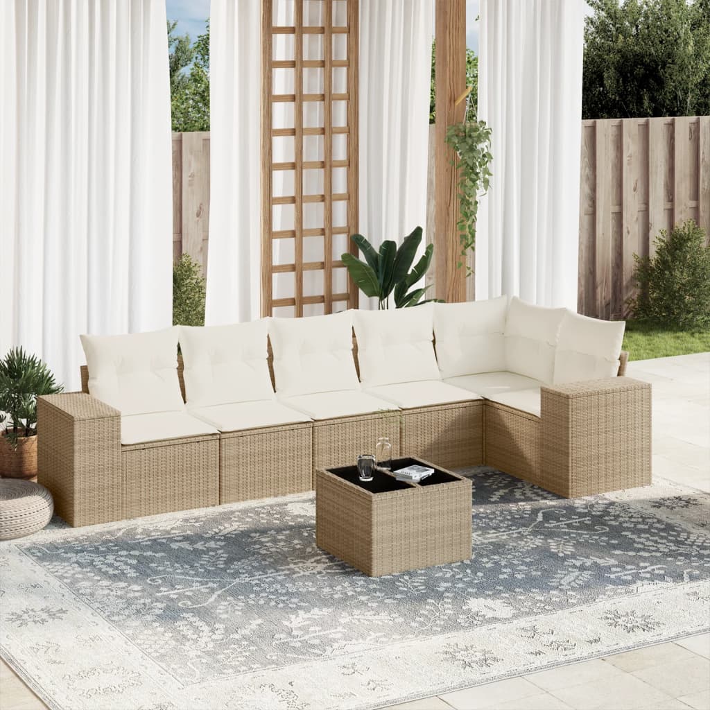 7-tlg. Garten-Sofagarnitur mit Kissen Beige Poly Rattan