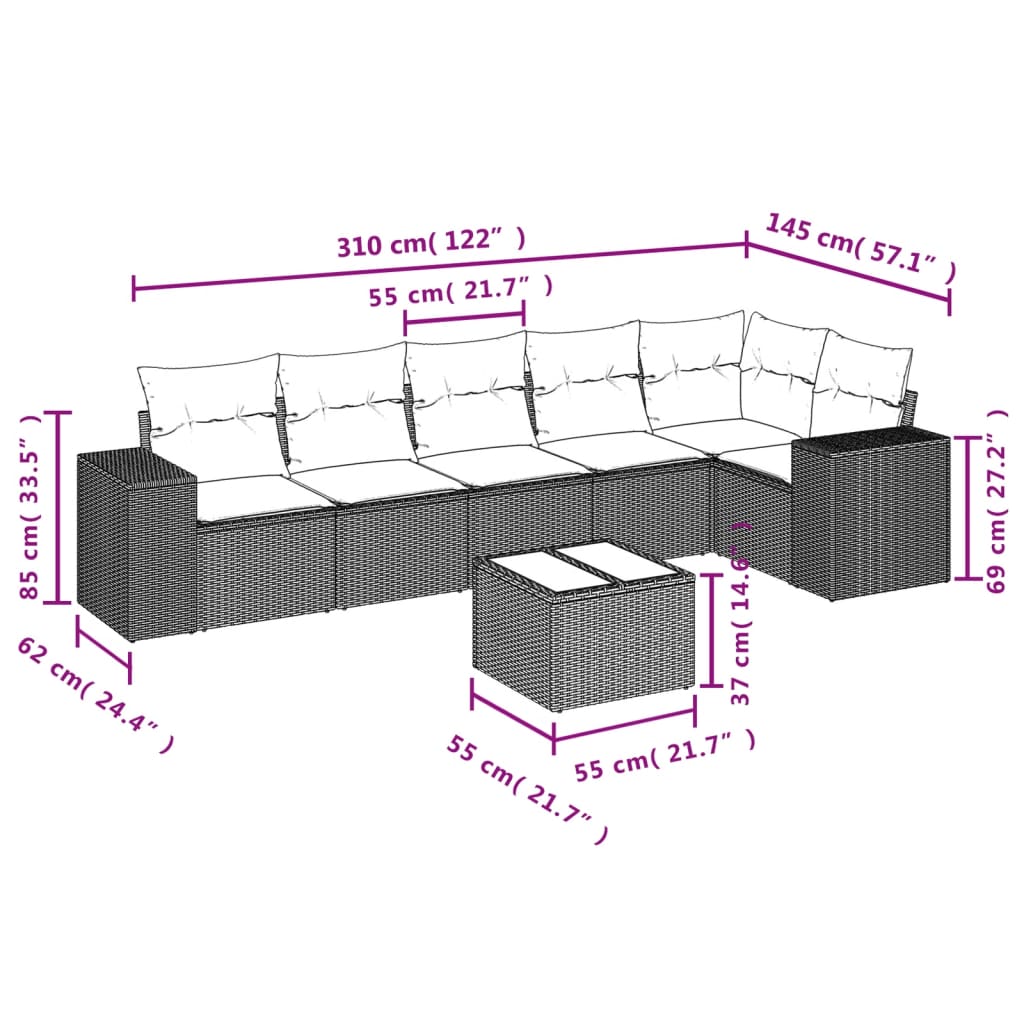 vidaXL 7-delige Loungeset met kussens poly rattan bruin