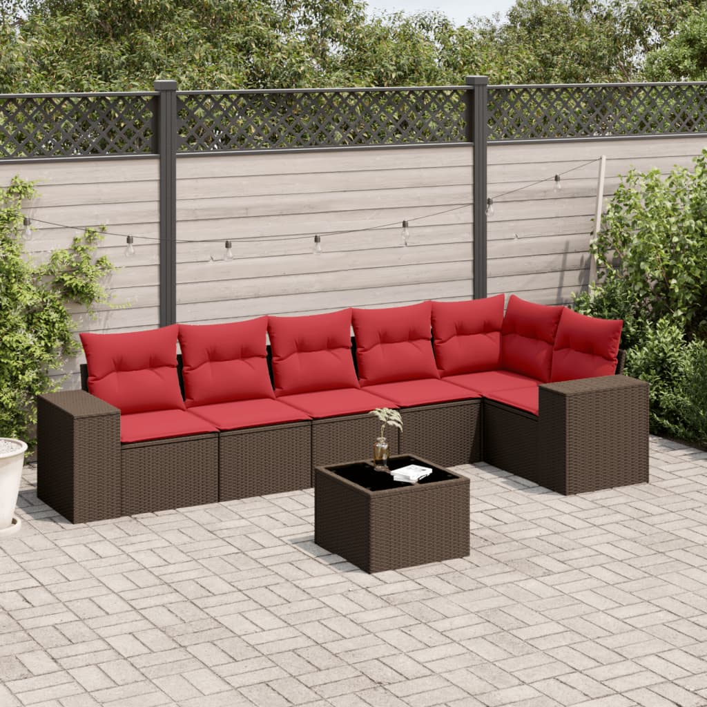 7 Piece Patio Sofa Set with Cushions Brown Poly Rattan