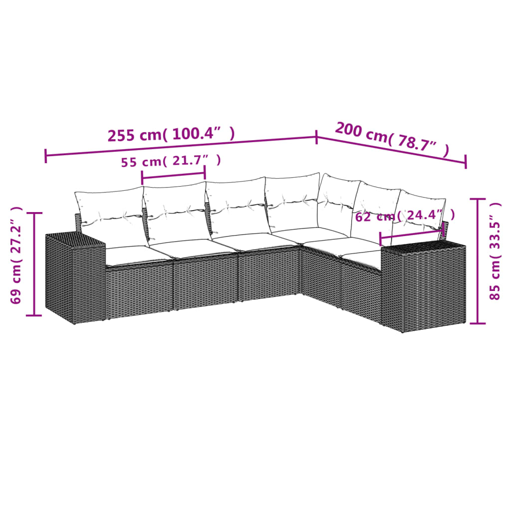 Set mobilier de grădină cu perne, 6 piese, negru, poliratan 3254942 - imagine 3
