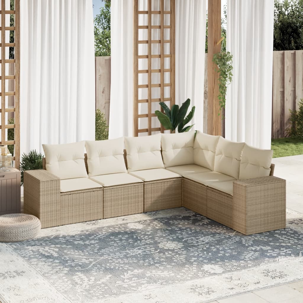 6-tlg. Garten-Sofagarnitur mit Kissen Beige Poly Rattan