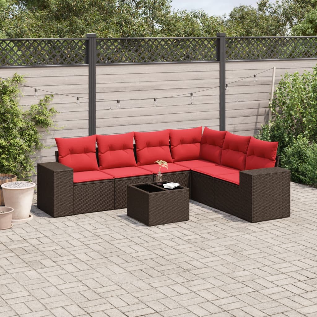 7 Piece Patio Sofa Set with Cushions Brown Poly Rattan