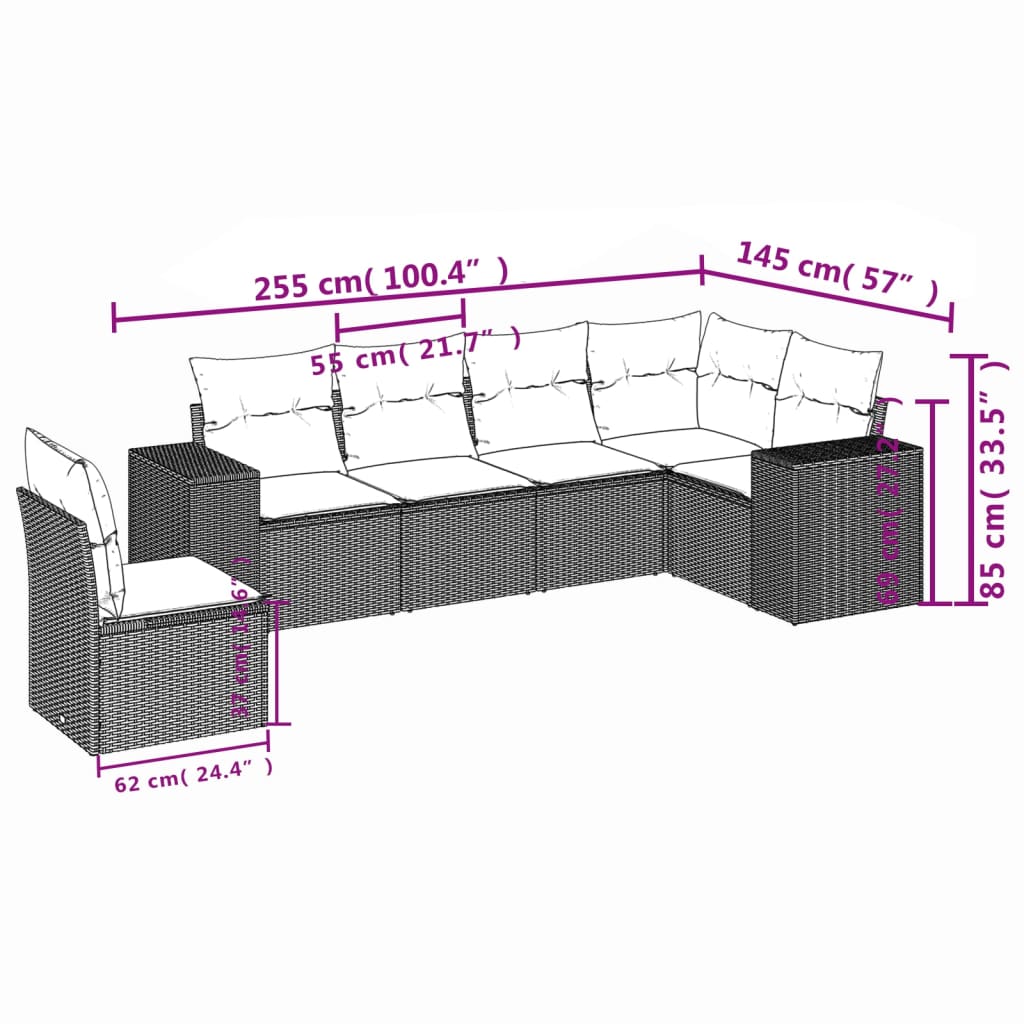 vidaXL 6 részes fekete polyrattan kerti ülőgarnitúra párnákkal