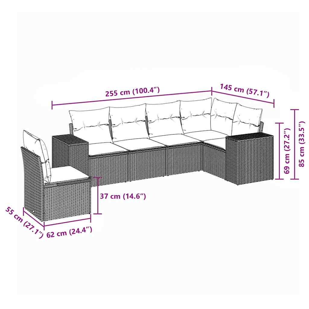 vidaXL 6-delige Loungeset met kussens poly rattan zwart afbeelding