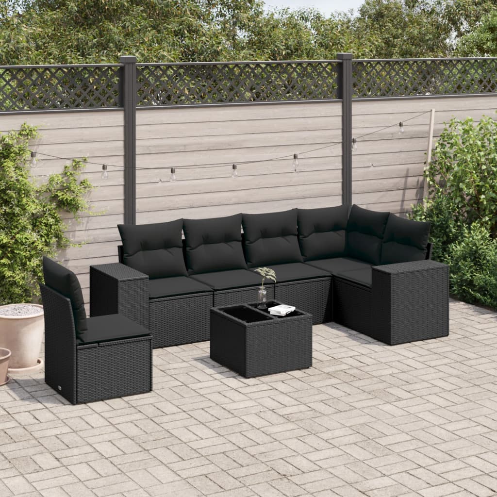 7-tlg. Garten-Sofagarnitur mit Kissen Schwarz Poly Rattan