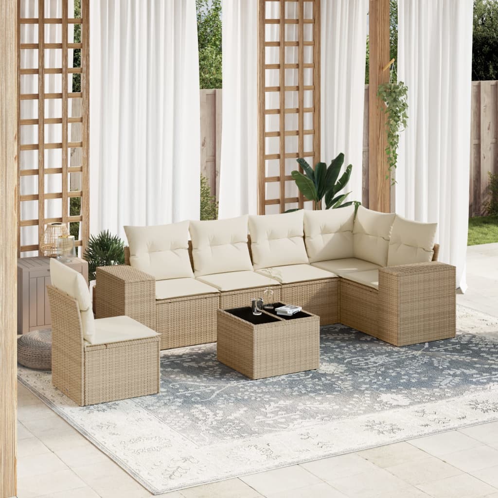 vidaXL 7-tlg. Garten-Sofagarnitur mit Kissen Beige Poly Rattan