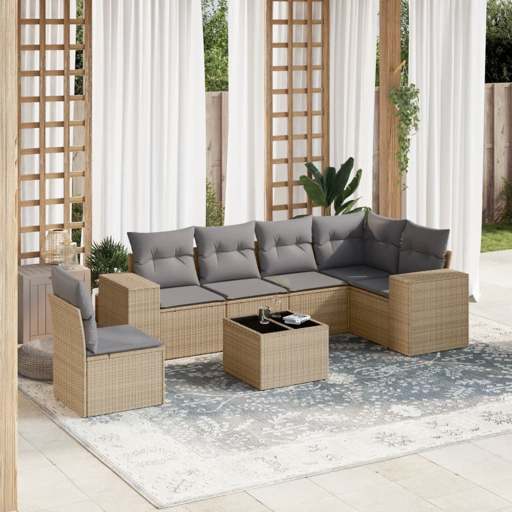 vidaXL 7-tlg. Garten-Sofagarnitur mit Kissen Beige Poly Rattan