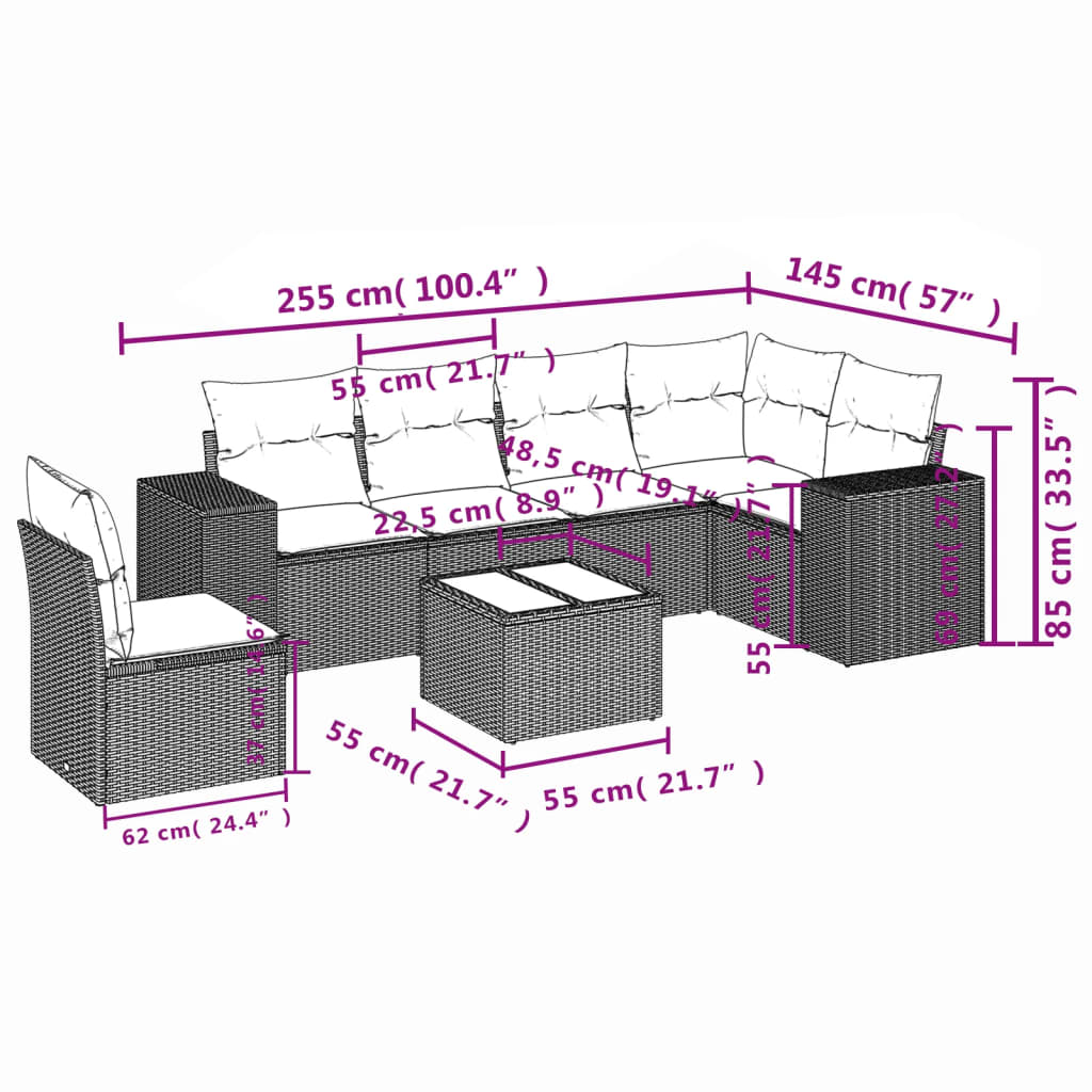 vidaXL 7-delige Loungeset met kussens poly rattan bruin