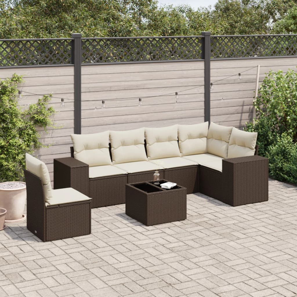 vidaXL 7-tlg. Garten-Sofagarnitur mit Kissen Braun Poly Rattan