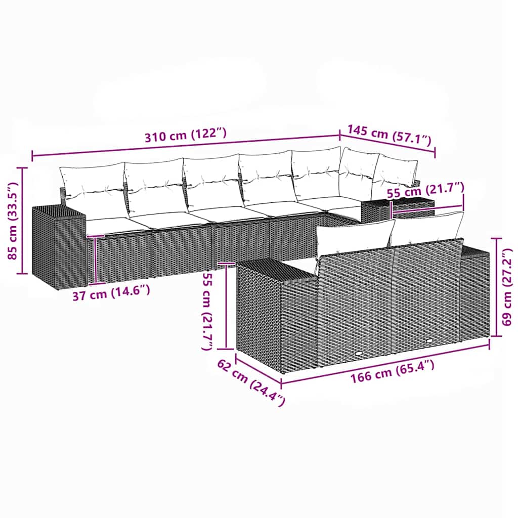 vidaXL 8-delige Loungeset met kussens poly rattan zwart afbeelding