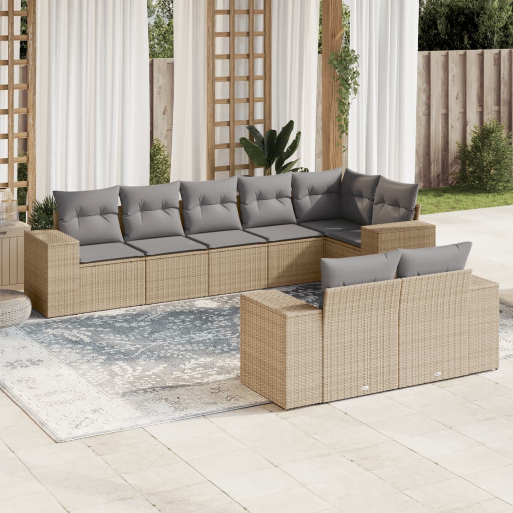 8-tlg. Garten-Sofagarnitur mit Kissen Beige Poly Rattan