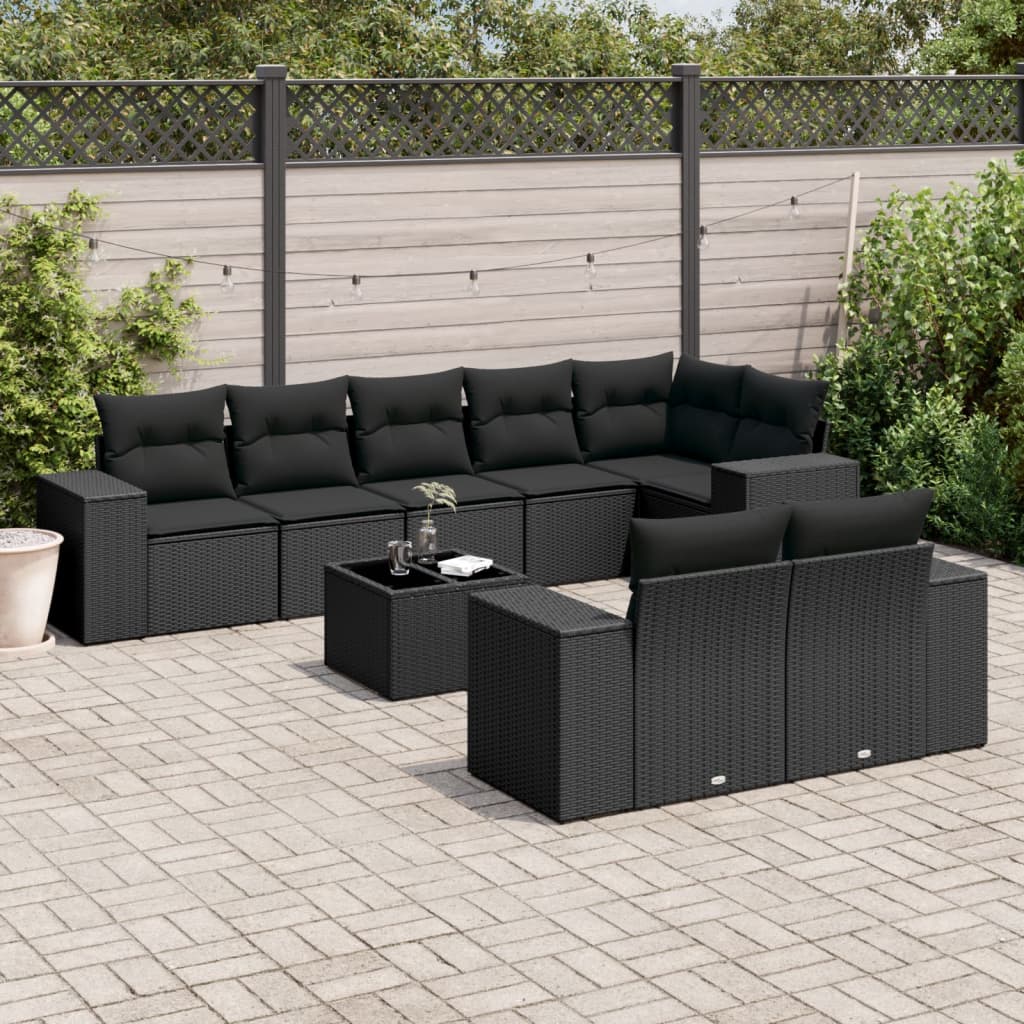 vidaXL 9-tlg. Garten-Sofagarnitur mit Kissen Schwarz Poly Rattan