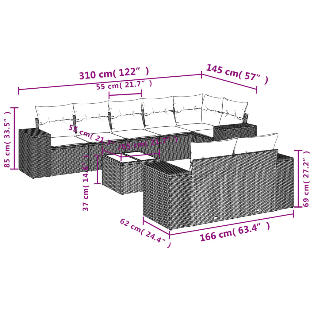 vidaXL 9-delige Loungeset met kussens poly rattan grijs