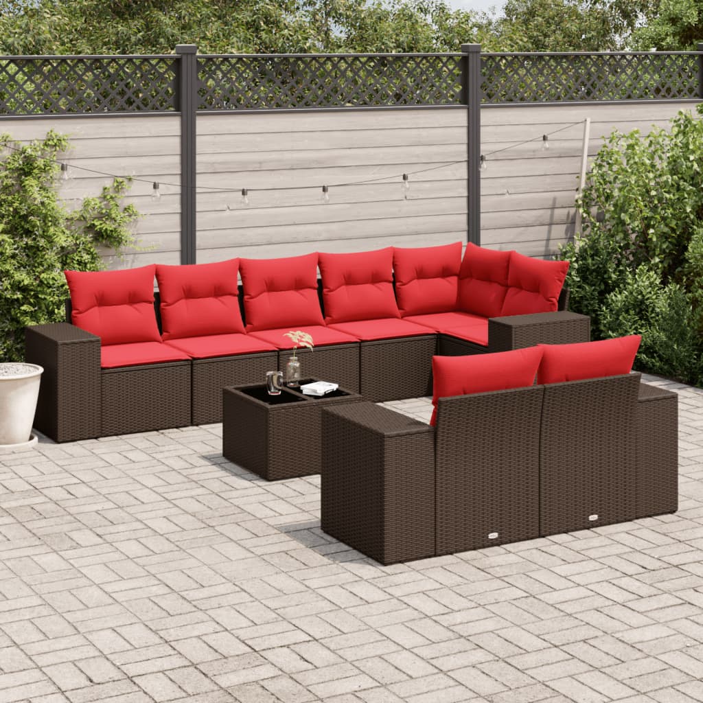 9 Piece Patio Sofa Set with Cushions Brown Poly Rattan