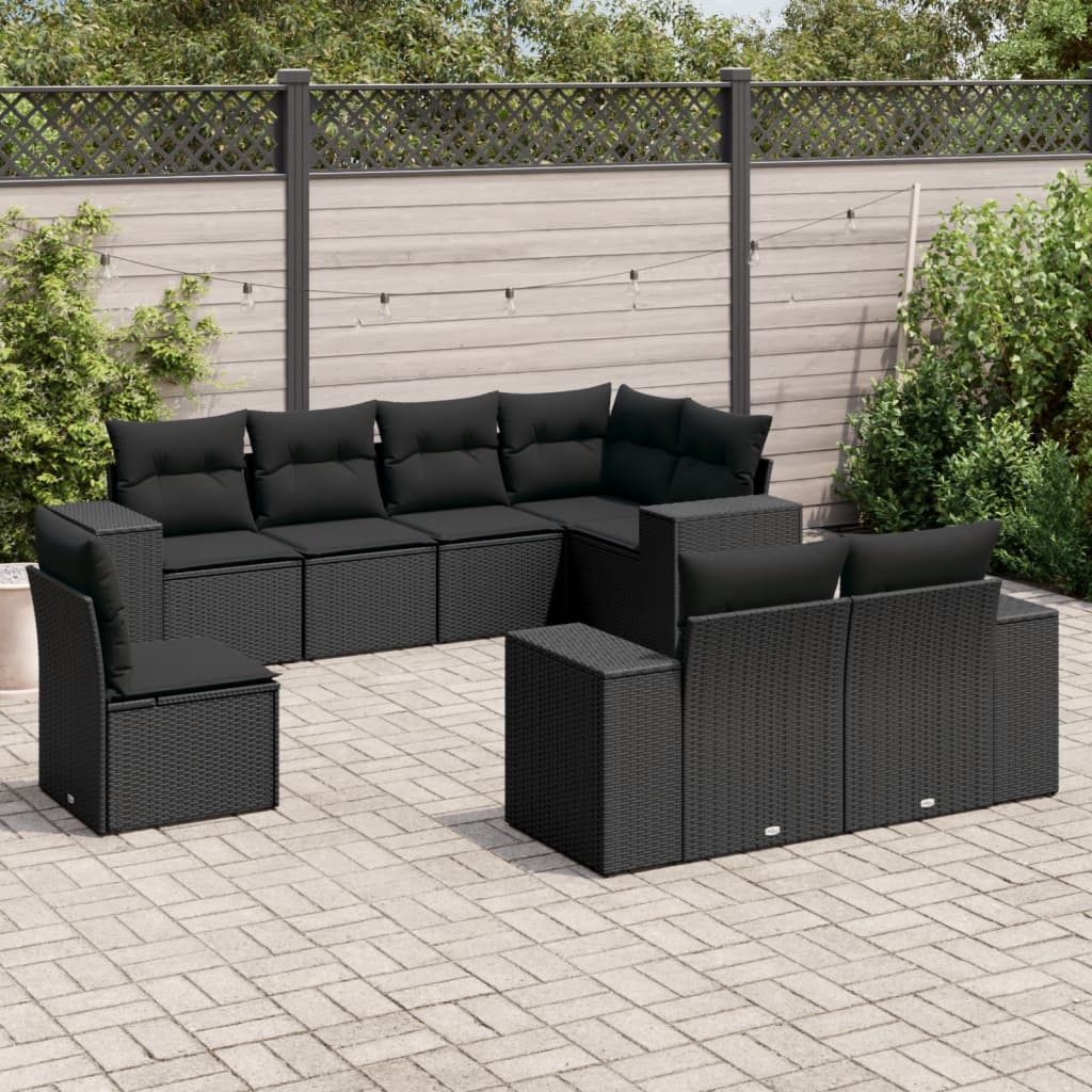 vidaXL 8-tlg. Garten-Sofagarnitur mit Kissen Schwarz Poly Rattan