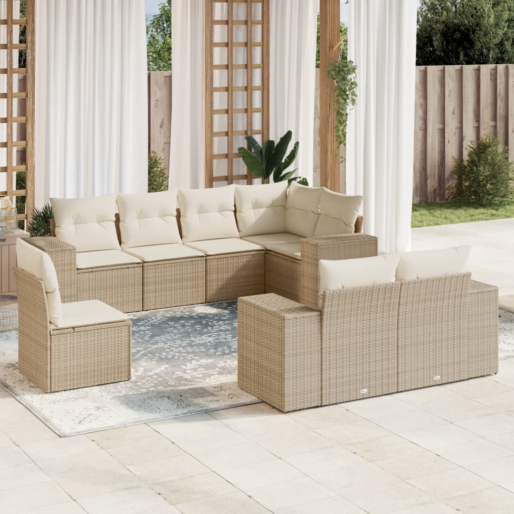 vidaXL 8-tlg. Garten-Sofagarnitur mit Kissen Beige Poly Rattan