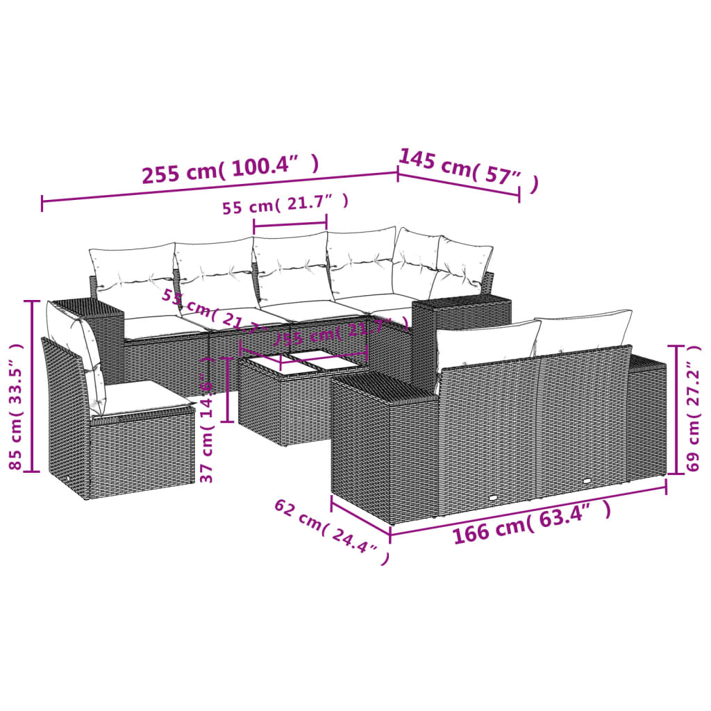 vidaXL 9-delige Loungeset met kussens poly rattan zwart afbeelding