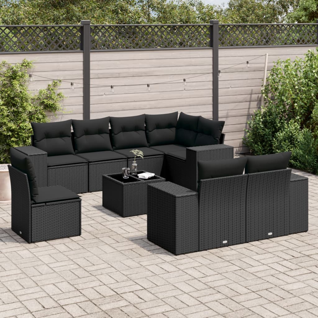 vidaXL 9-tlg. Garten-Sofagarnitur mit Kissen Schwarz Poly Rattan