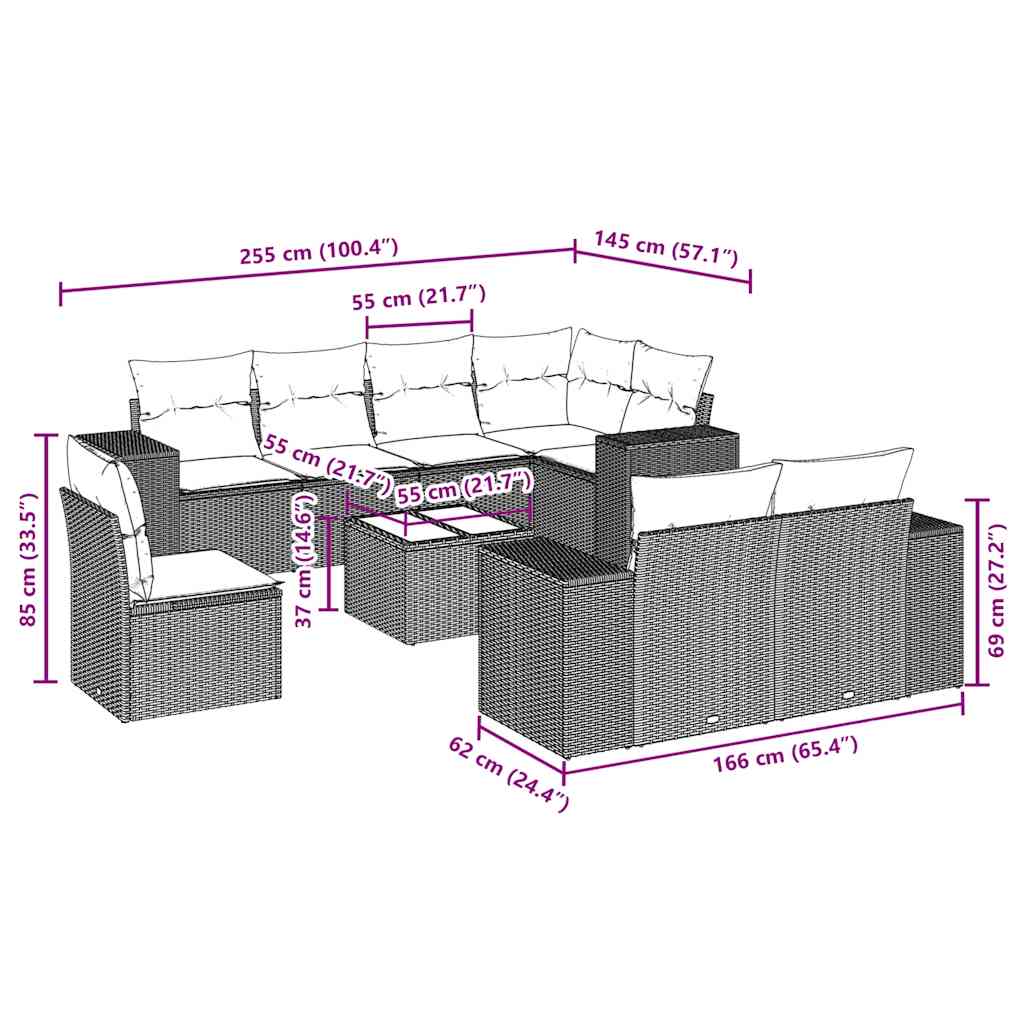 vidaXL 9-delige Loungeset met kussens poly rattan zwart afbeelding