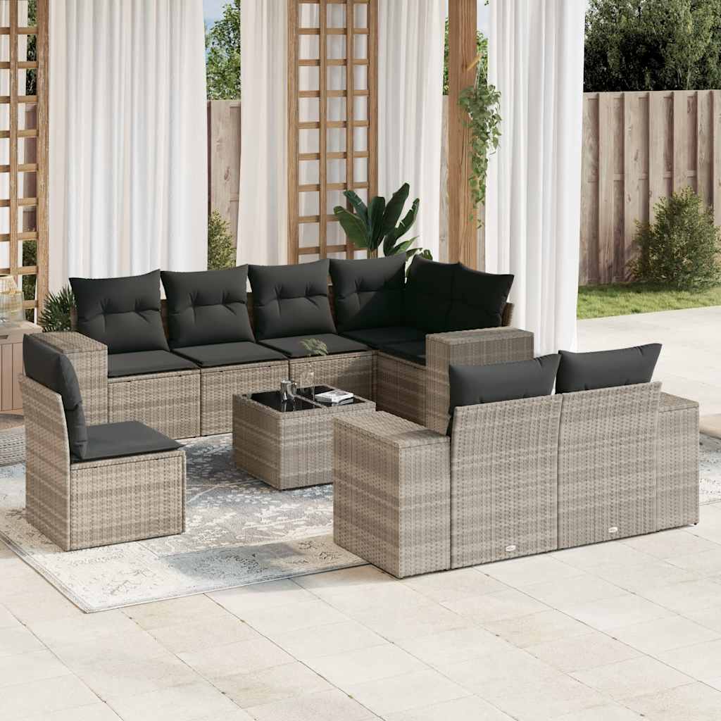 vidaXL 9-tlg. Garten-Sofagarnitur mit Kissen Hellgrau Poly Rattan