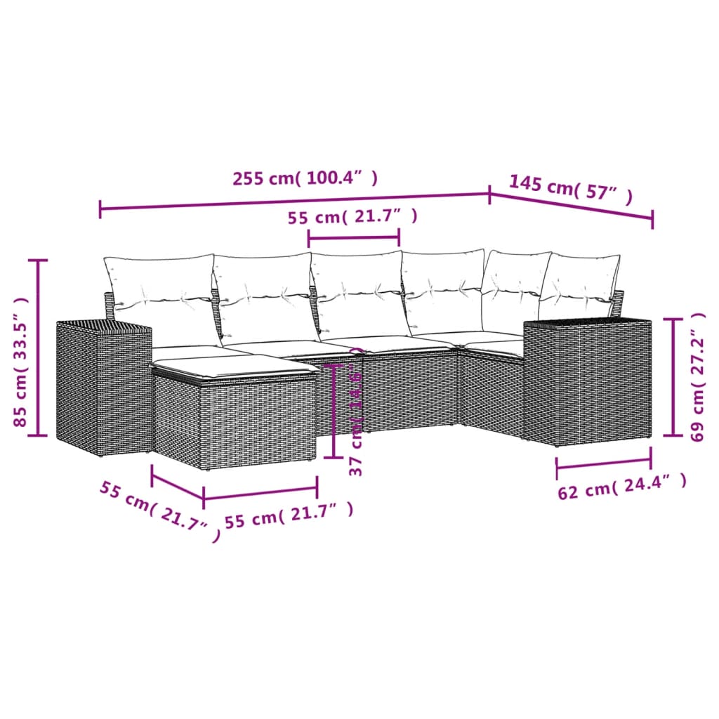 vidaXL 6-delige Loungeset met kussens poly rattan zwart afbeelding