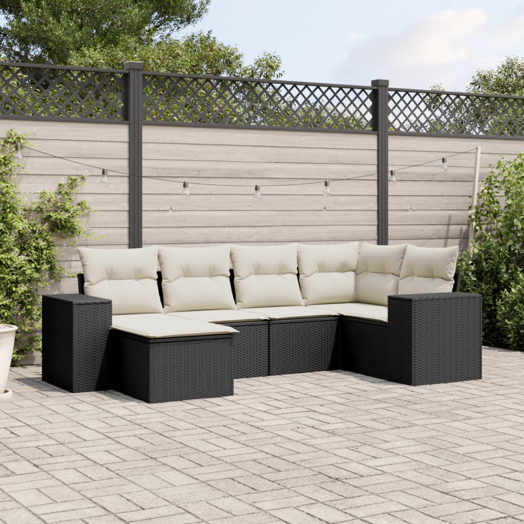 6-tlg. Garten-Sofagarnitur mit Kissen Schwarz Poly Rattan