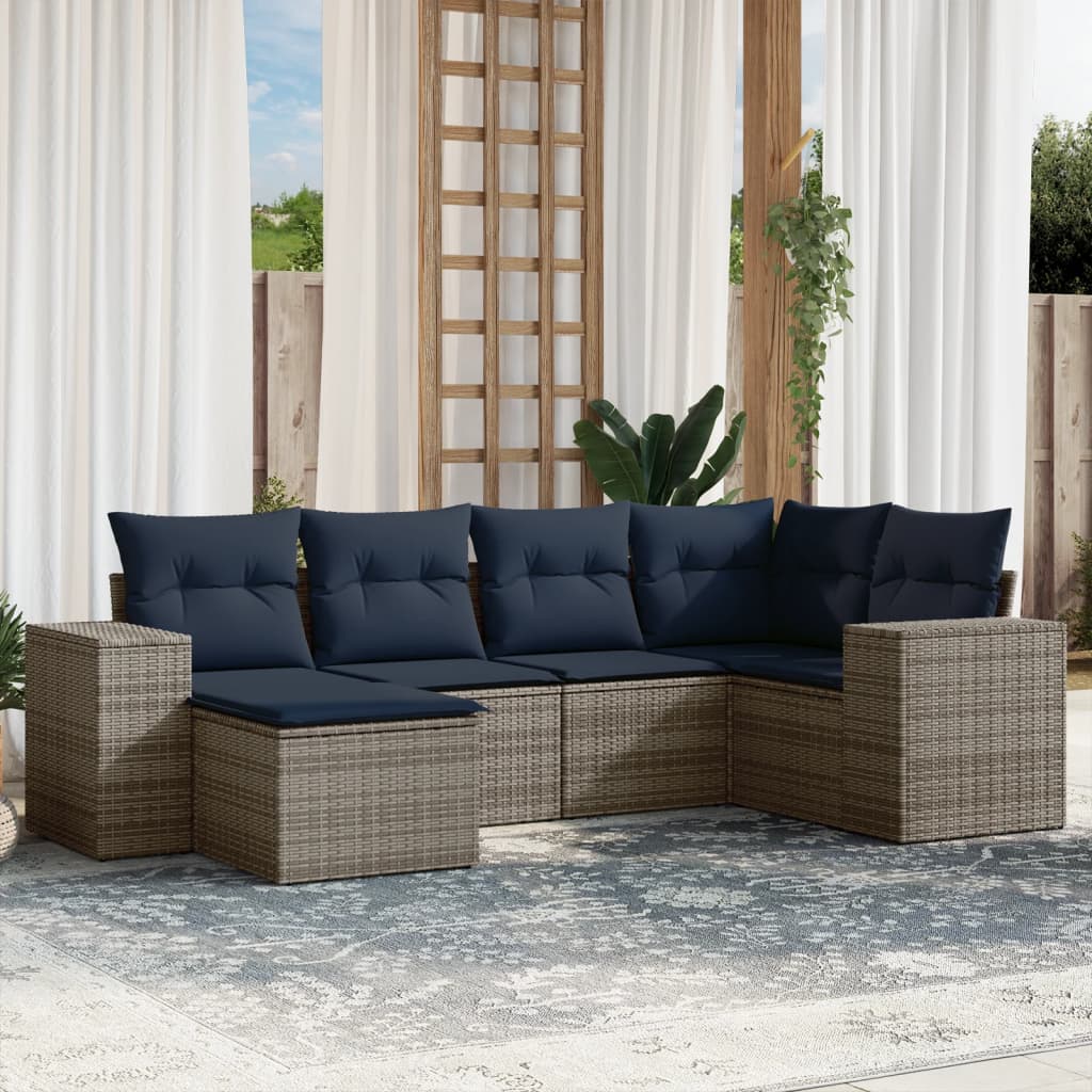 6 Piece Patio Sofa Set with Cushions Gray Poly Rattan