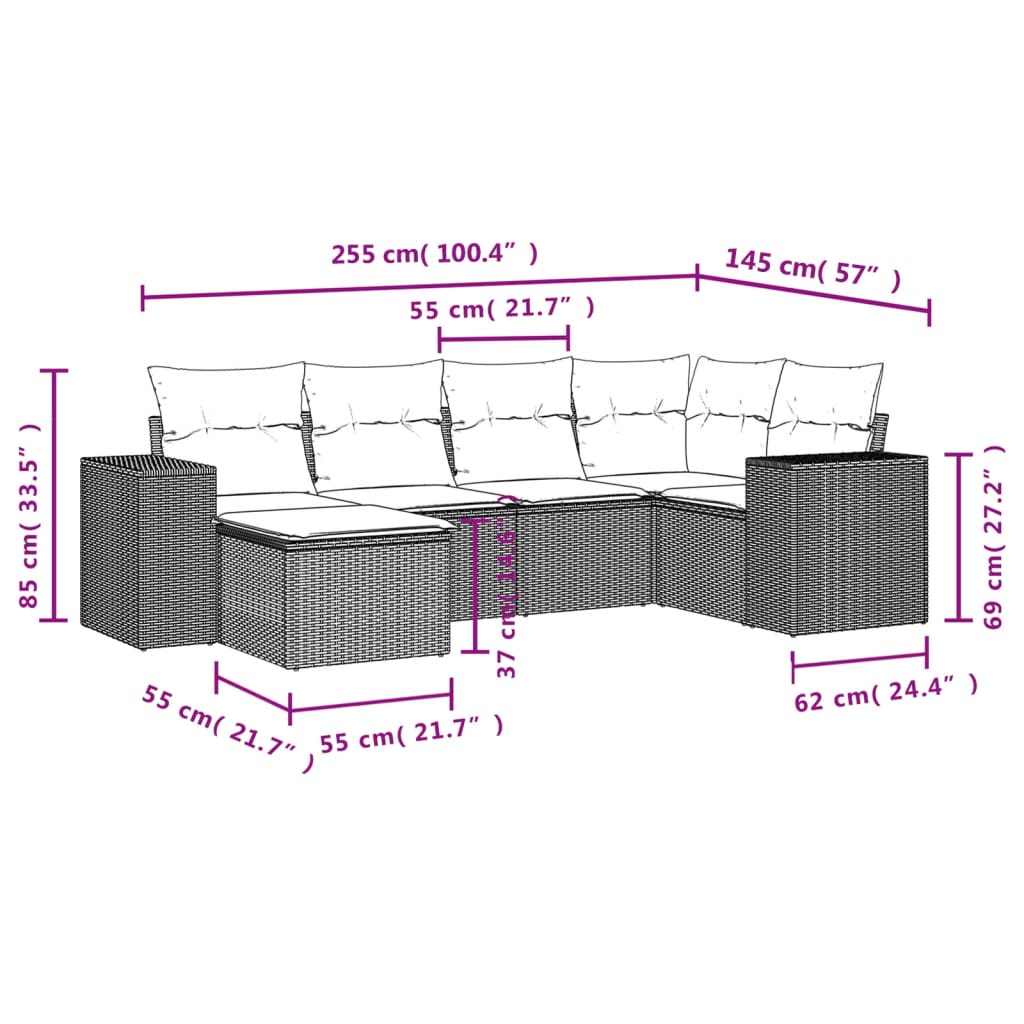 vidaXL 6-delige Loungeset met kussens poly rattan bruin