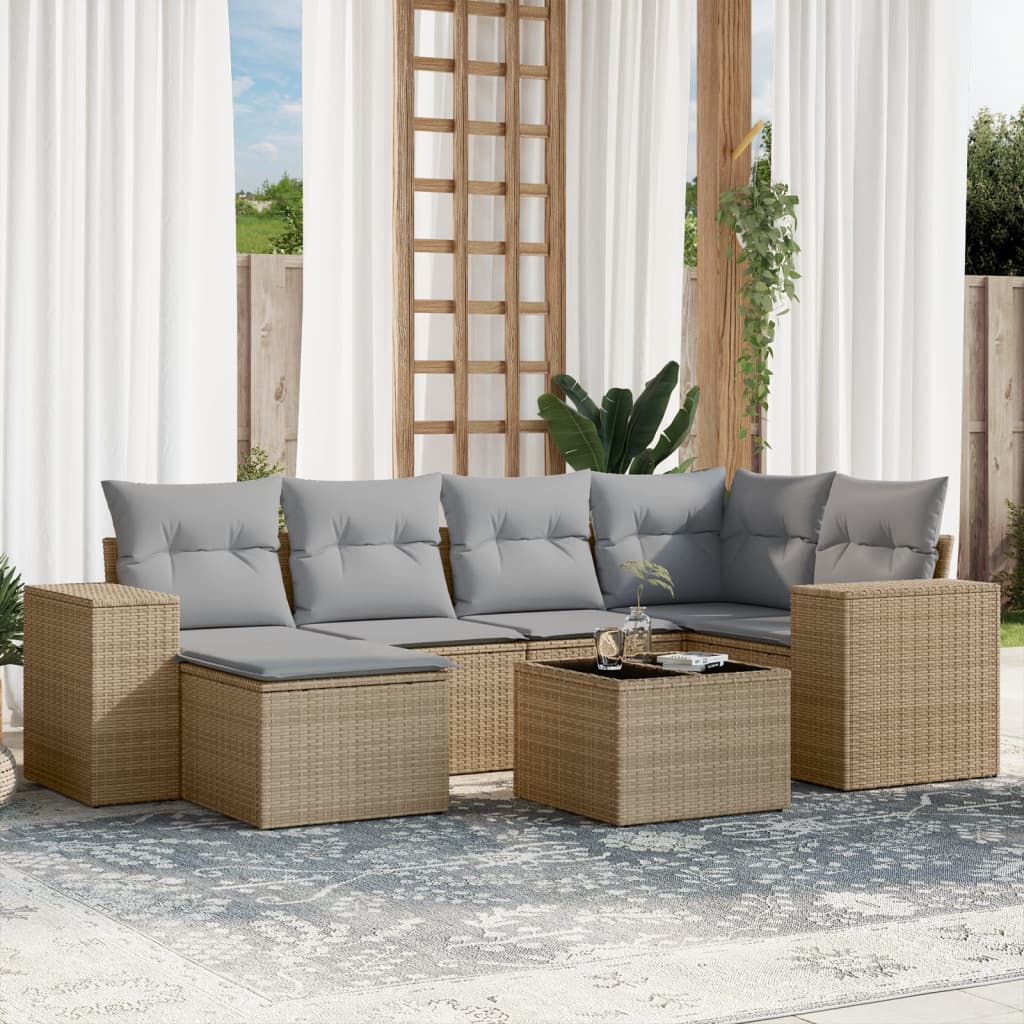 vidaXL 7-tlg. Garten-Sofagarnitur mit Kissen Beige Poly Rattan