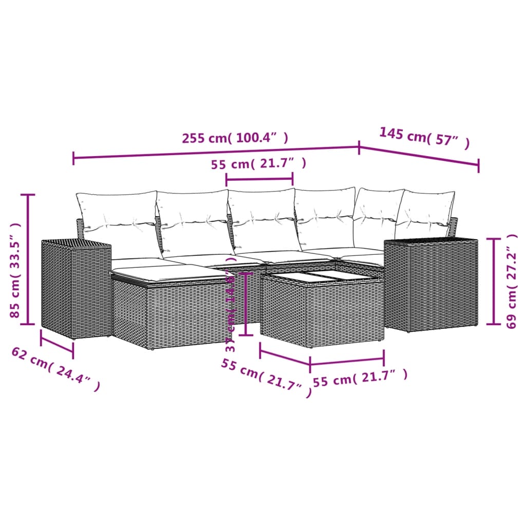 vidaXL 7-delige Loungeset met kussens poly rattan lichtgrijs