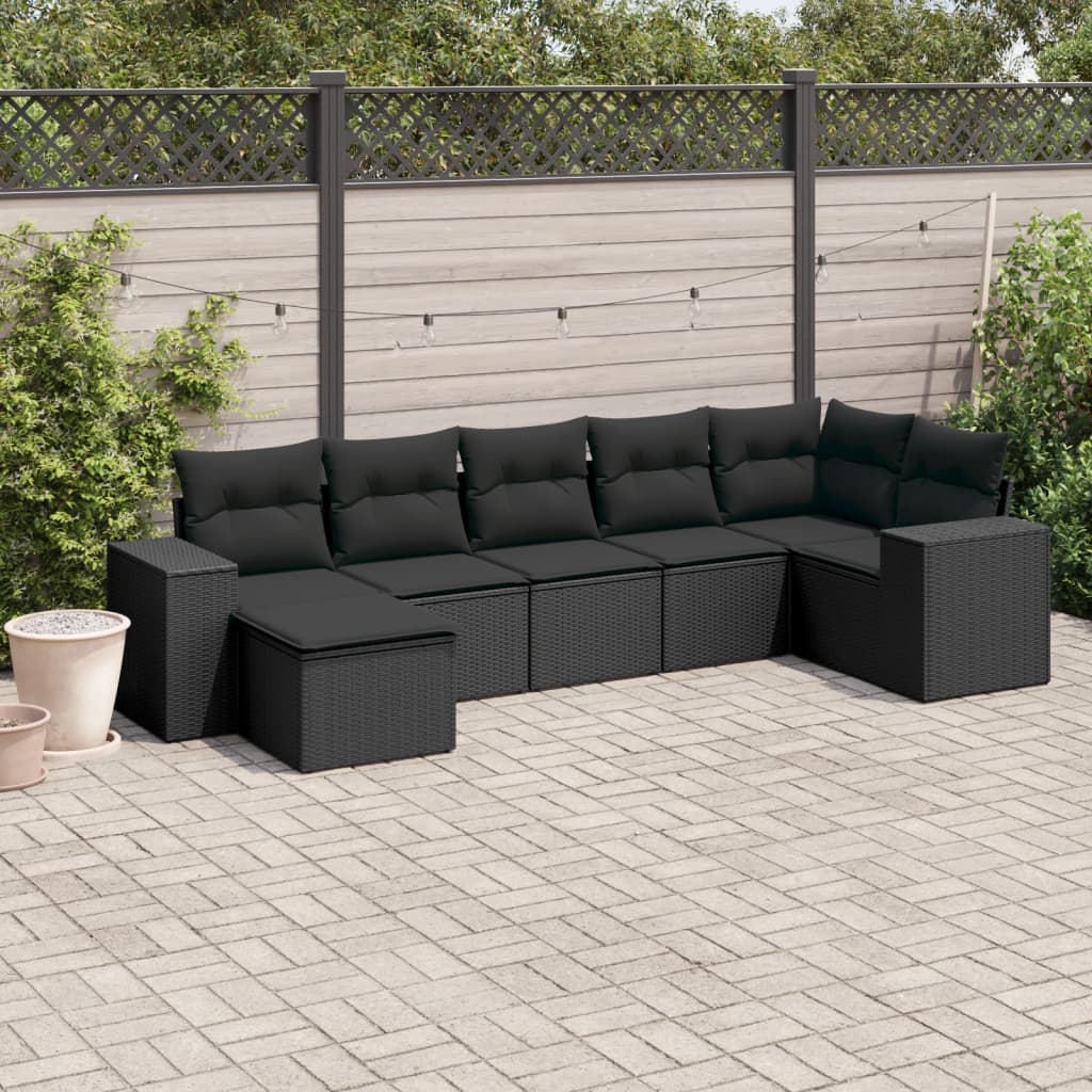 vidaXL 7-tlg. Garten-Sofagarnitur mit Kissen Schwarz Poly Rattan