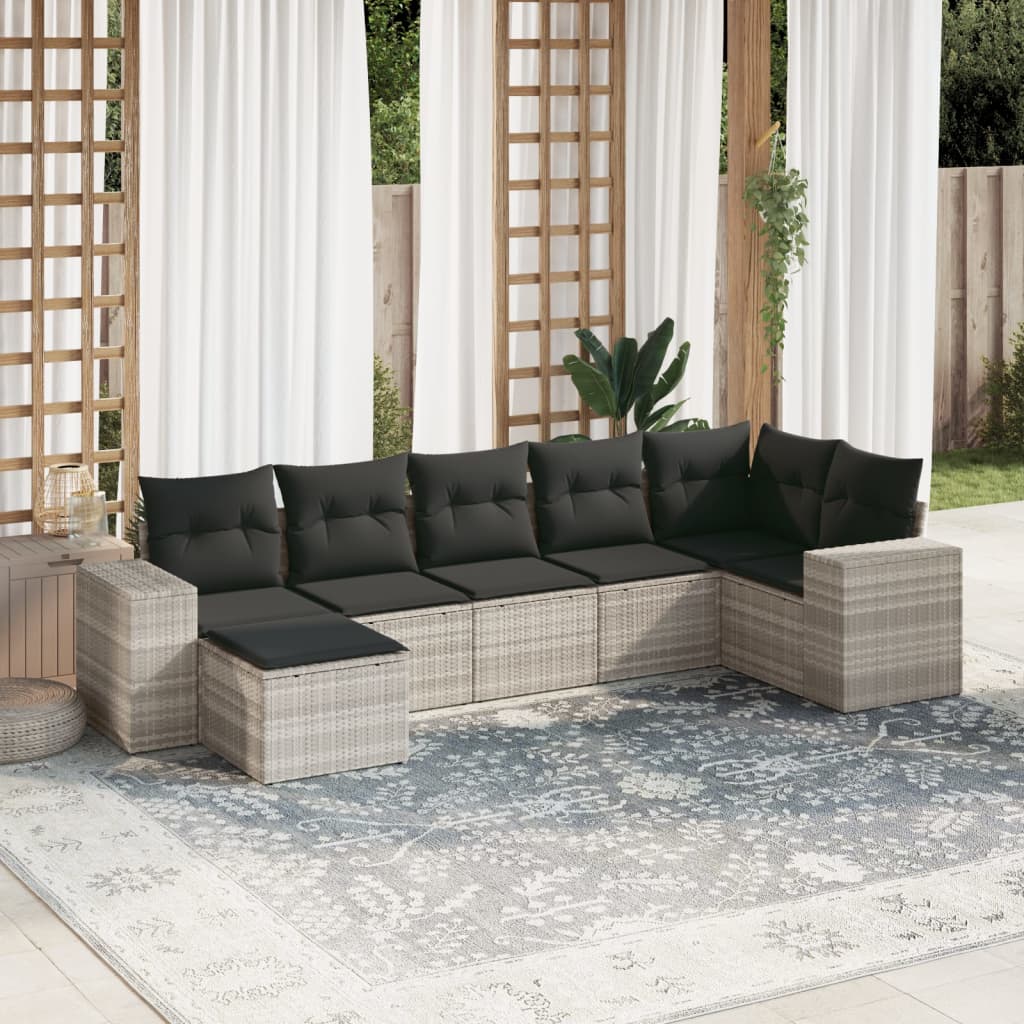 7-tlg. Garten-Sofagarnitur mit Kissen Hellgrau Poly Rattan