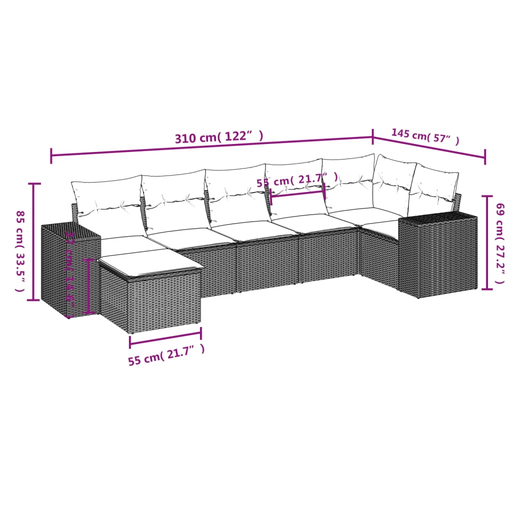 vidaXL 7-delige Loungeset met kussens poly rattan bruin