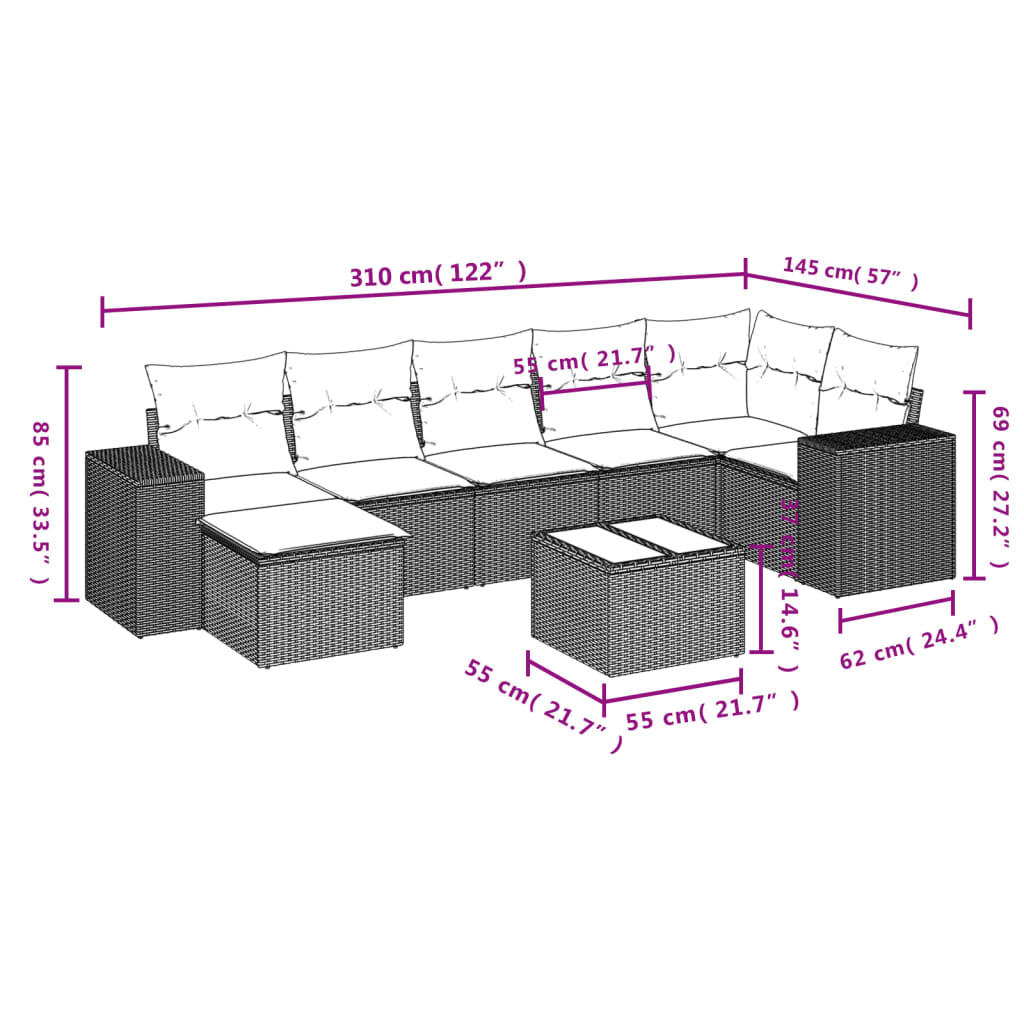 vidaXL 8-delige Loungeset met kussens poly rattan zwart afbeelding