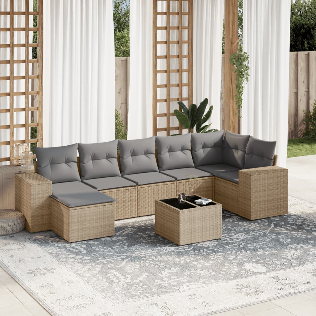 vidaXL 8-tlg. Garten-Sofagarnitur mit Kissen Beige Poly Rattan