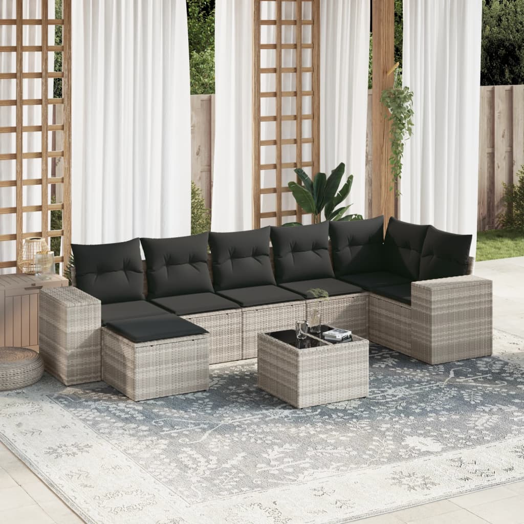 8-tlg. Garten-Sofagarnitur mit Kissen Hellgrau Poly Rattan