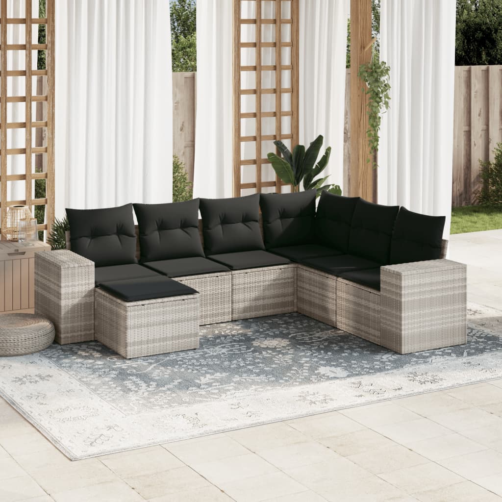 vidaXL 7-tlg. Garten-Sofagarnitur mit Kissen Hellgrau Poly Rattan