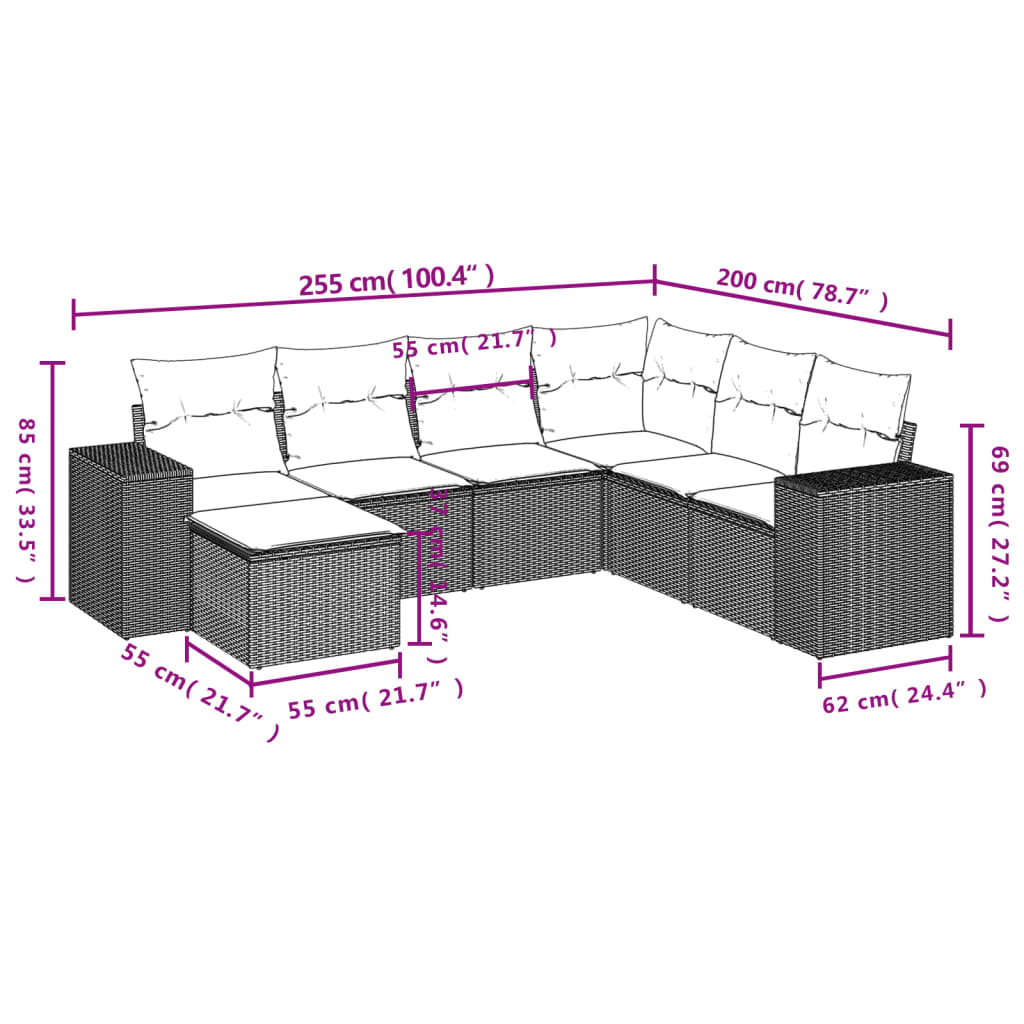 vidaXL 7-delige Loungeset met kussens poly rattan bruin