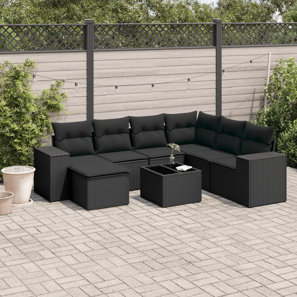 vidaXL 8-tlg. Garten-Sofagarnitur mit Kissen Schwarz Poly Rattan