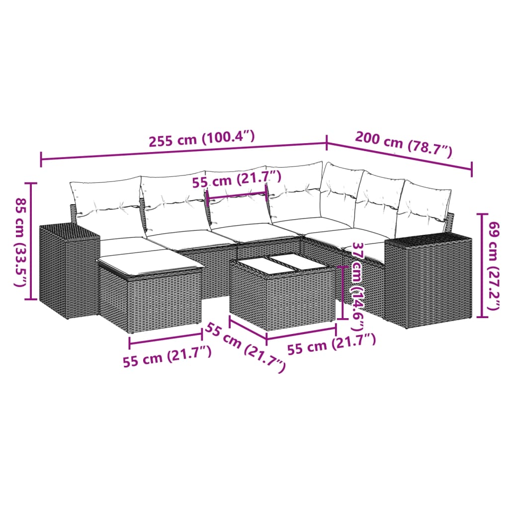 vidaXL 8-delige Loungeset met kussens poly rattan grijs