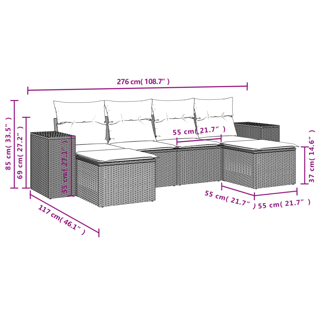 vidaXL 6-delige Loungeset met kussens poly rattan zwart afbeelding