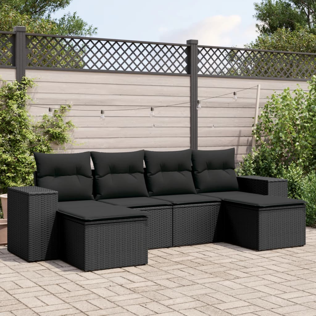 vidaXL 6-tlg. Garten-Sofagarnitur mit Kissen Schwarz Poly Rattan