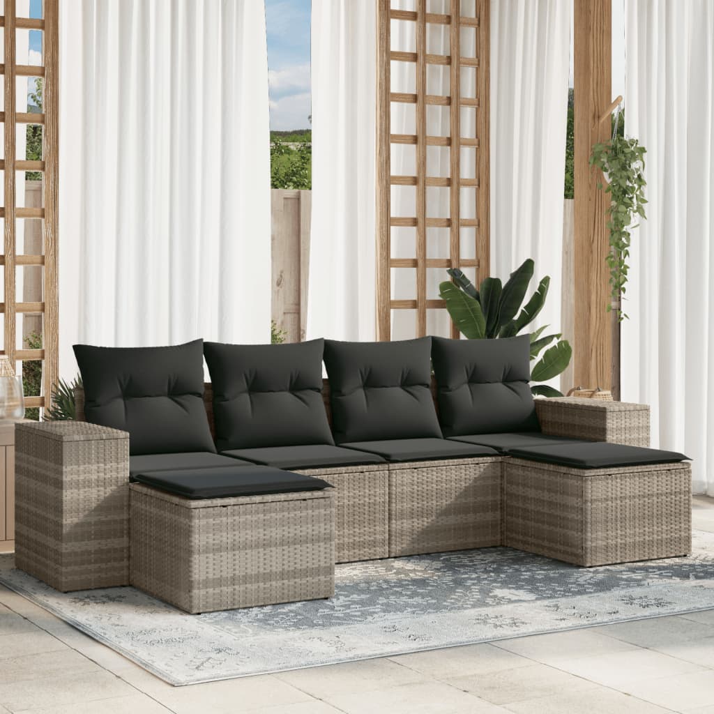 vidaXL 6-tlg. Garten-Sofagarnitur mit Kissen Hellgrau Poly Rattan